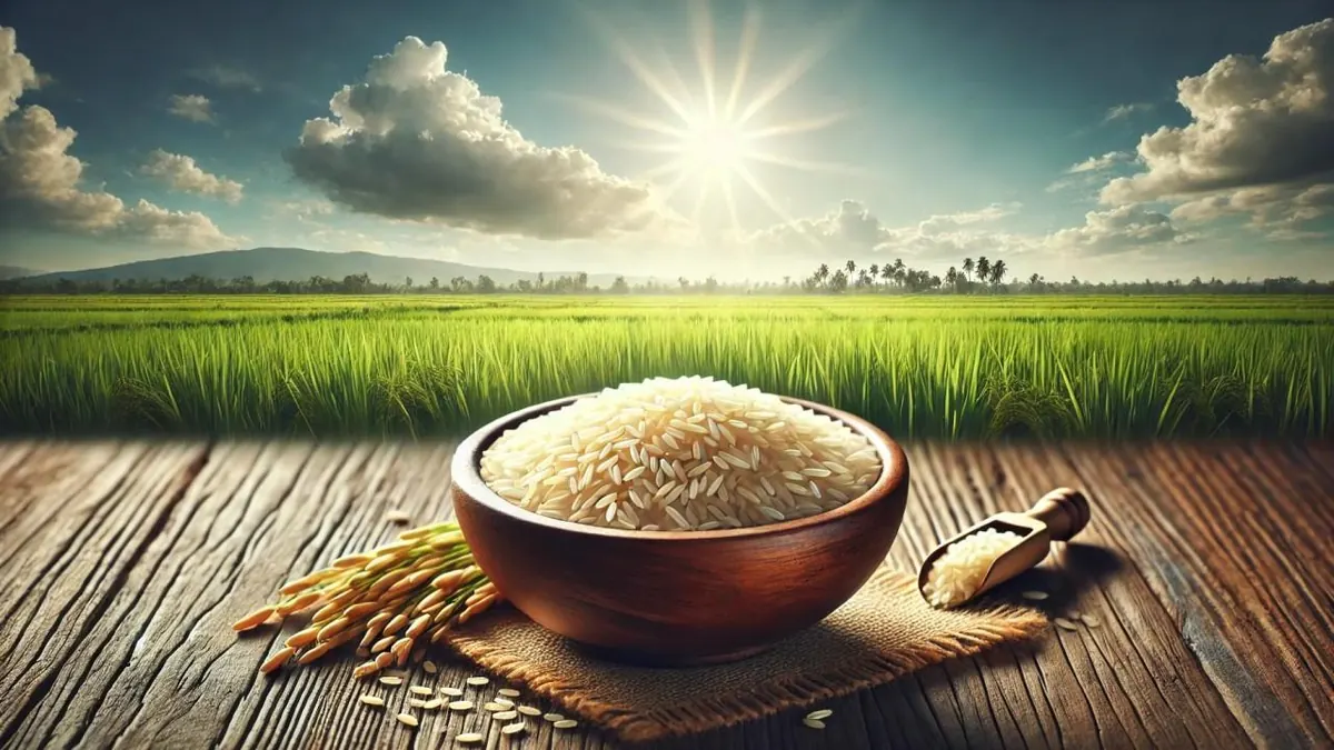Long-grain white rice in a wooden bowl.